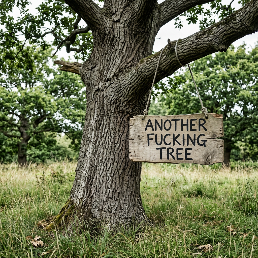 title Wooden sign hanging on tree branch reads 'ANOTHER FUCKING TREE'