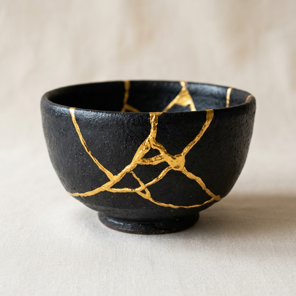Black ceramic bowl repaired with gold lacquer highlighting cracks