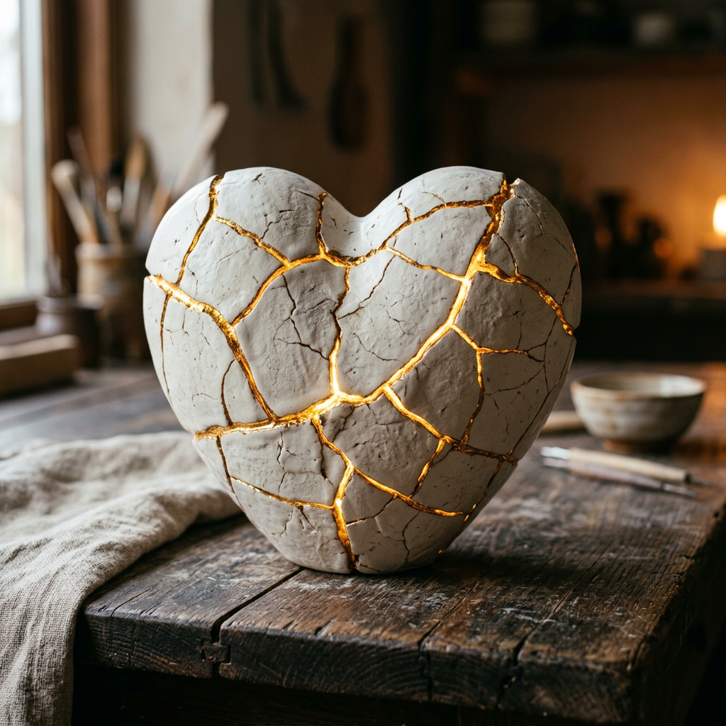 Heart-shaped ceramic piece repaired with gold lacquer cracks glowing